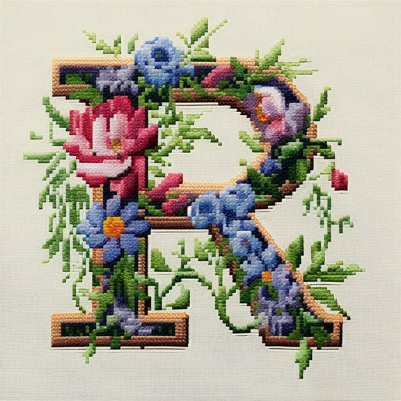 Letter R in Flowers Stamped Cross Stitch Kits for Beginners Easy with Hoop 11CT Needlepoint Embroidery Counted Cross Stitch Kits Art Craft Wall Decoration 35x35cm(4)