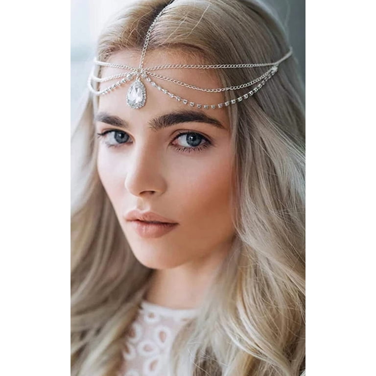 Bridal Rhinestone Headband Hair Comb Teardrop Headpiece Forehead Chain Amazon.com : NICENEEDED Bridal Rhinestone Headband, Silver  main image 4