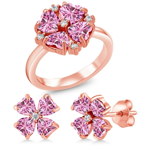 Gem Stone King 18K Rose Gold Plated Silver Fashion Clover Ring and Earrings Jewelry Set By Heart Shape Pink Moissanite and Vivid Moissanite Pink (4.05 Cttw, Size 5)