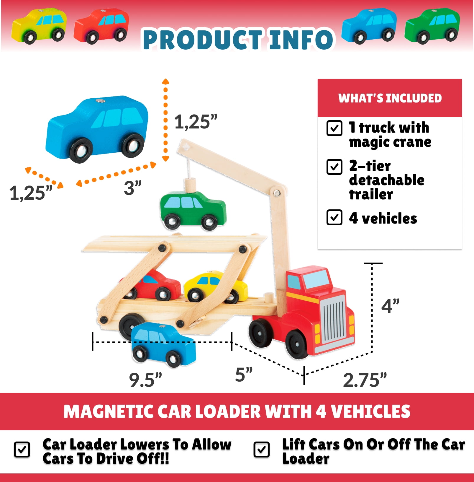 Bundaloo Magnetic Car Loader Truck with Lift - Wooden Carrier Vehicle Toy for Kids 3 and Up - Magnetic Crane and Cars, Removable Trailer - Educational Set for Learning Color, Imagination and Sorting