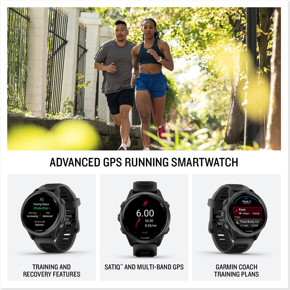 Garmin 010-02970-00 Forerunner 570 42mm GPS Smartwatch, Aluminum and Black Band Bundle with Deco Essentials Charging Dock, 3x Silicone Dust Cover and 2x 1.2 Inch Screen Protector