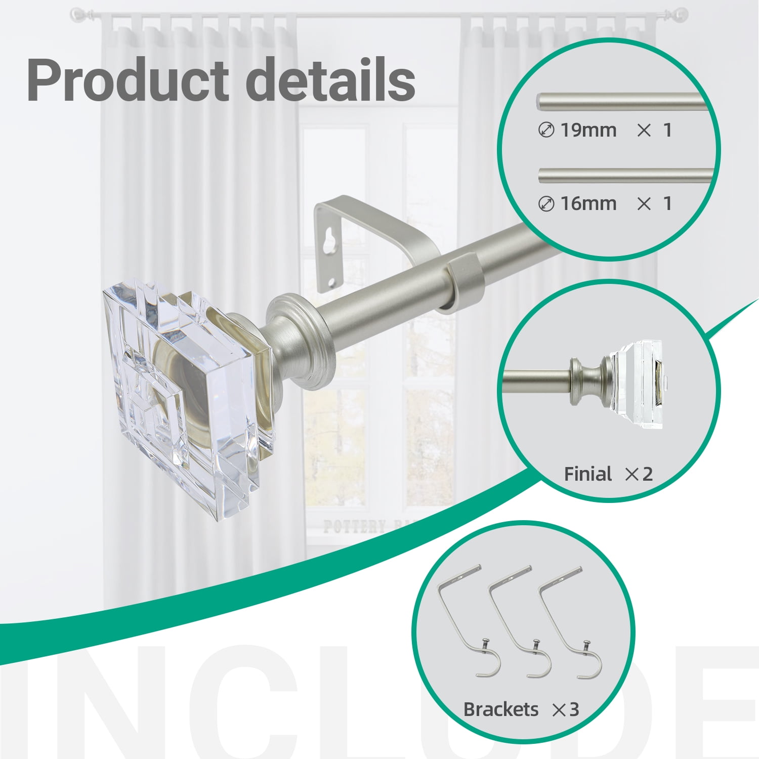 Curtain Rods 30-55" Champagne Adjustable drapery rod with 60mm clear square finials and 3 piece wall brackets.