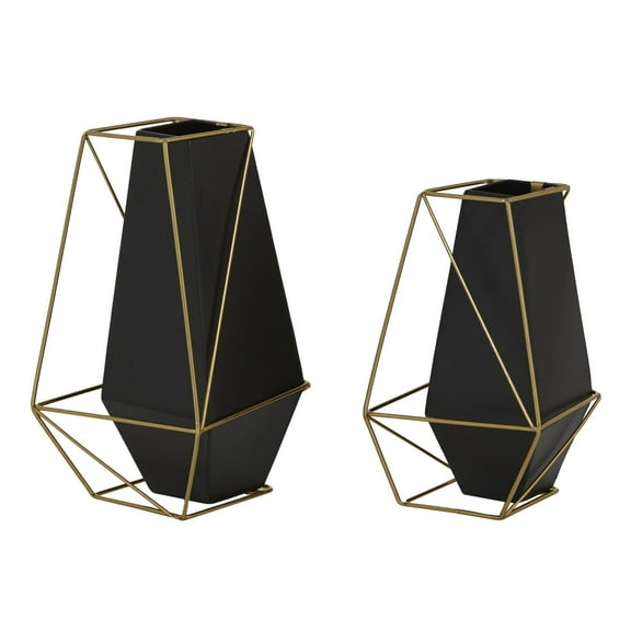 DecMode 11", 9"H Geometric Black Metal Vase with Gold Wire Accents, Set of 2