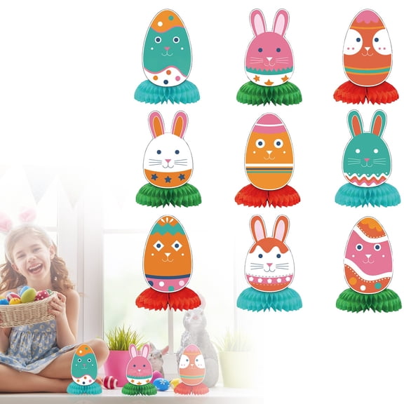 BinKFF 9pcs Happy Easter Honeycomb Decorations, 3D Easter Table Decorations,Easter Bunny Egg Centerpiece with Ballon for Easter Party Family Gathering Decoration