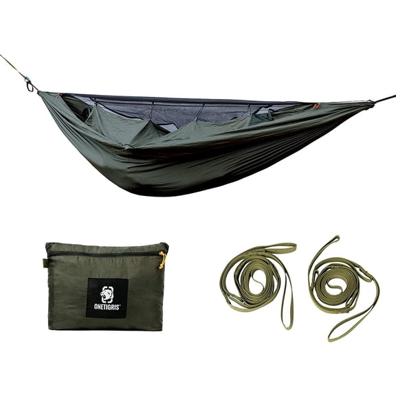 Camping Hammock with Mosquito Net, Lightweight Portable Hammock with Warm Internal Cover and Tree-Friendly Straps, Od Green