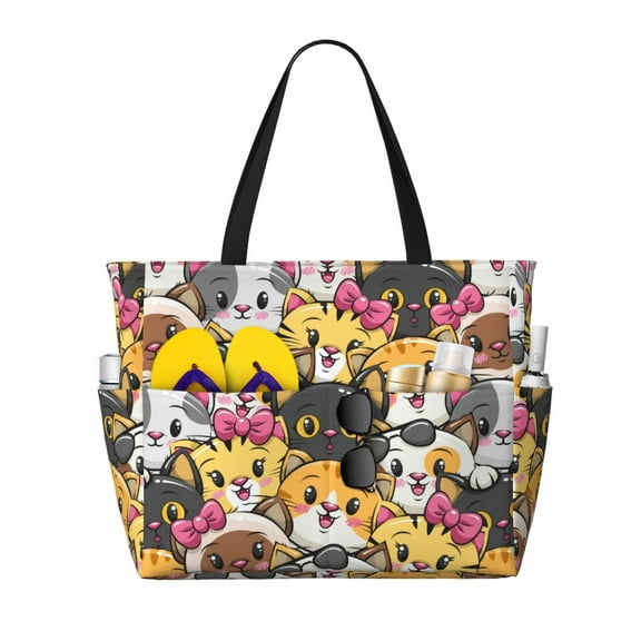 Wukai Cute Cat Cartoon Print Zipper Bag,large Beach Tote Bag,Waterproof Sandproof Bag,Grocery and Picnic Tote Travel Bag
