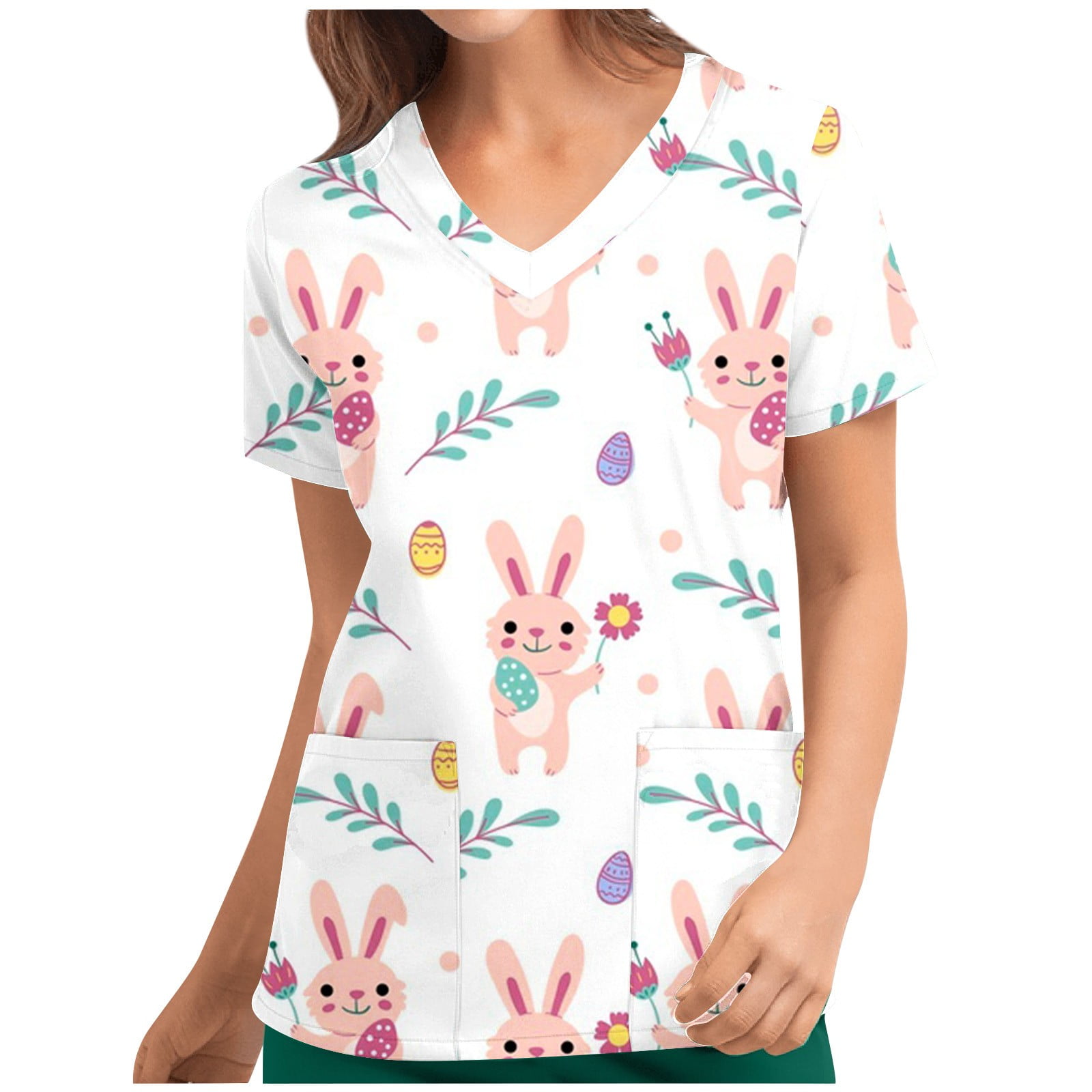 Women Graphic Tshirts Womens Short Sleeve Workout Tops Floral Leopard Easter Bunny Printing O-Neck Basic Tee Shirts 