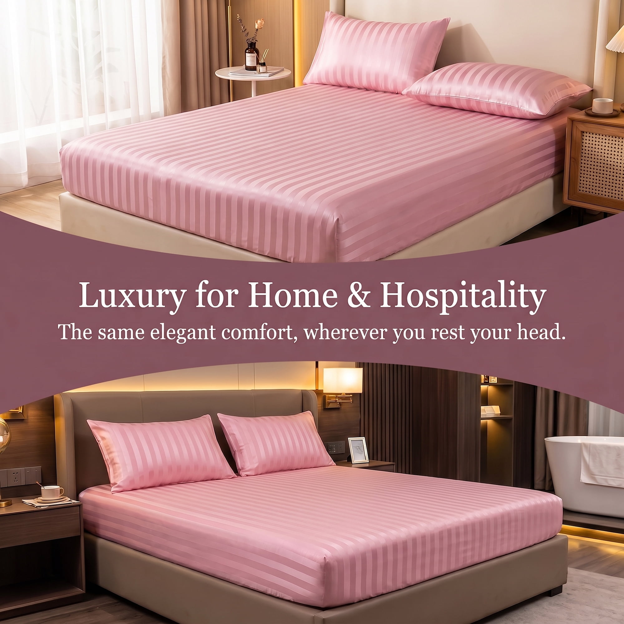 Unique Bargains Fitted Polyester Satin Strip Bed Sheets Wear Resistant 53.9"x74.8" Pink