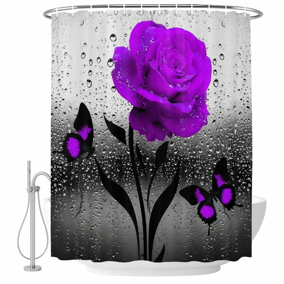 Purple Rose Shower Curtain, Waterproof Shower Curtains for Bathroom, Raindrops Floral Butterfly Abstract Grey Art Washable Fabric Bathtub Curtain Set Bath Decor with 12 Hooks Extra Long 72"x96"