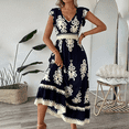 thumbnail image 4 of MORTTIC Women's Floral Print V-Neck Maxi Dress with Short Sleeves & Smocked Waist Flowy Summer Beach Dress Blue，M, 4 of 6
