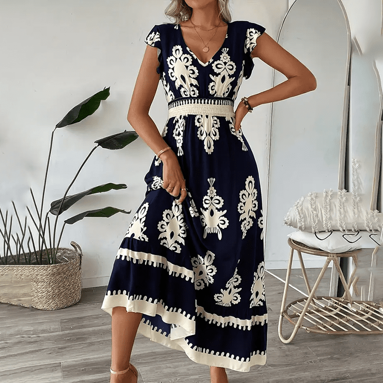 MORTTIC Women's Floral Print V-Neck Maxi Dress with Short Sleeves & Smocked Waist Flowy Summer Beach Dress Blue，XL