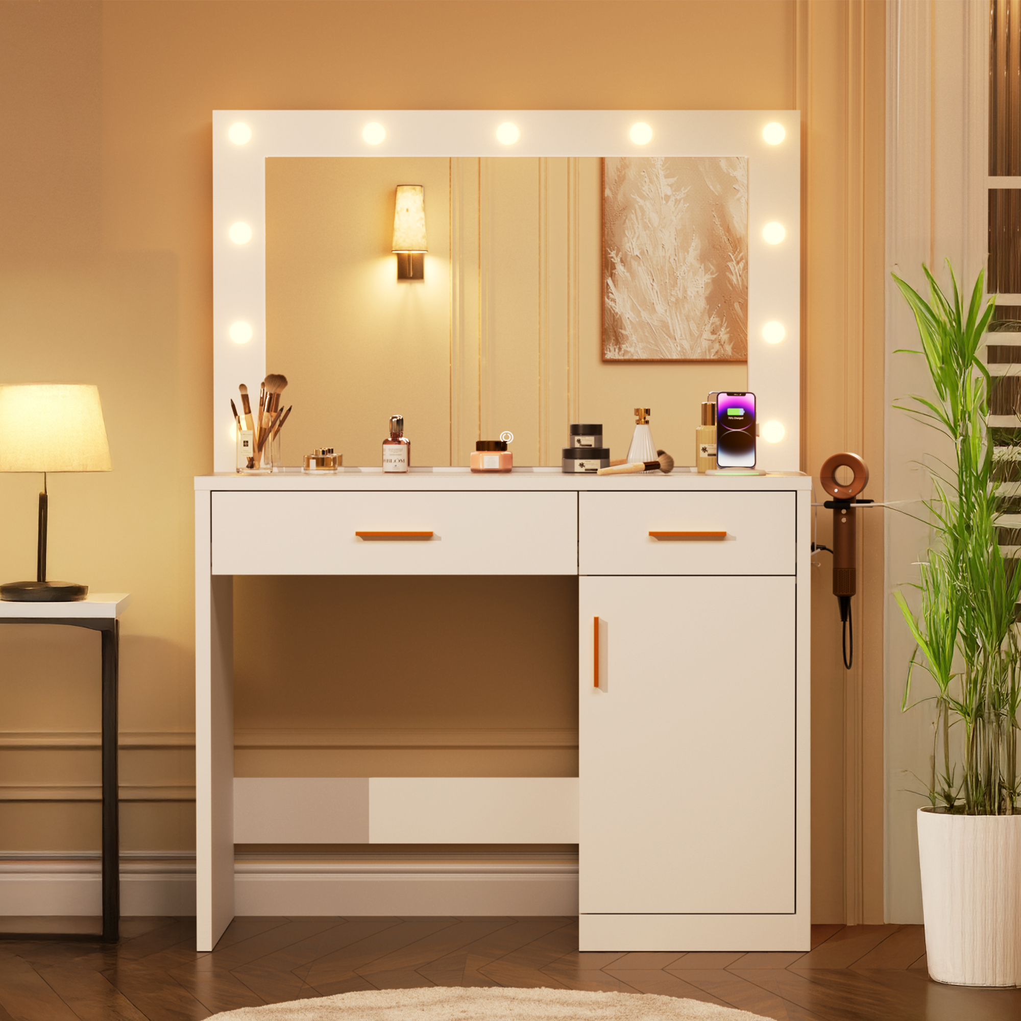 JIOABL Vanity Desk with Mirror and Lights, Makeup Vanity Table with Hair Dryer & Power Outlet, 2-Drawer Dressing Table for Bedroom,White
