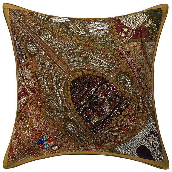 Stylo Culture Indian Decorative Throw Pillow Cover 16 x 16 Beaded Sequins Brown Bohemian 40cm x 40cm Patchwork Cotton Embroidered Square Cushion Cover | 1 Pc