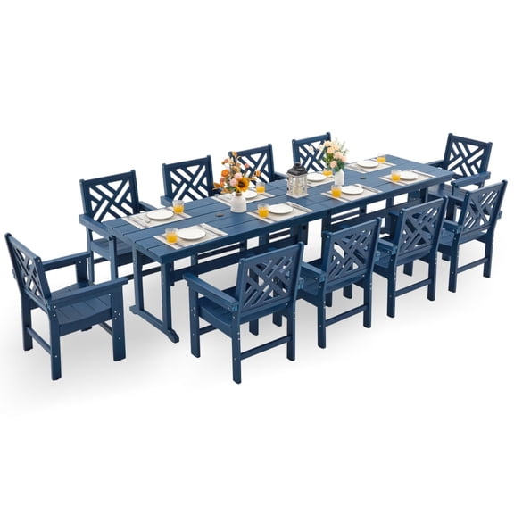 HDPE Dining Table Set for 10,12-Piece Outdoor Table and Chairs Include 10 Dining Chairs and 2 Pcs 62.5" Patio Dining Table with Umbrella Hole (Blue)