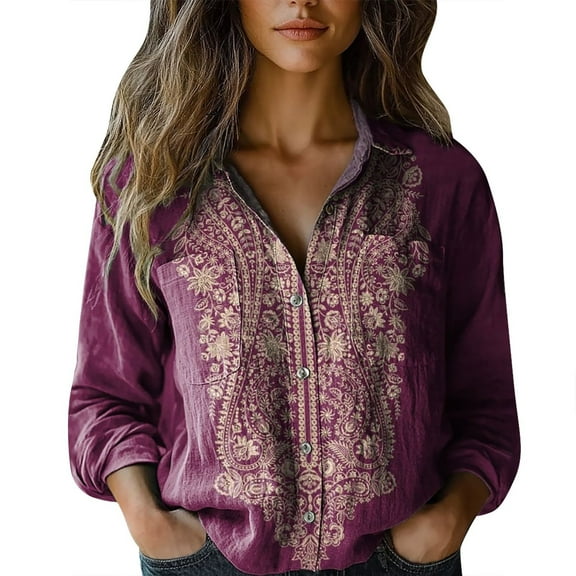 Endives Women Cotton Shirt Printed Shirts for Women Button Down Shirts Casual Tops Long Sleeve Blouse Long Sleeve Shirts for Women