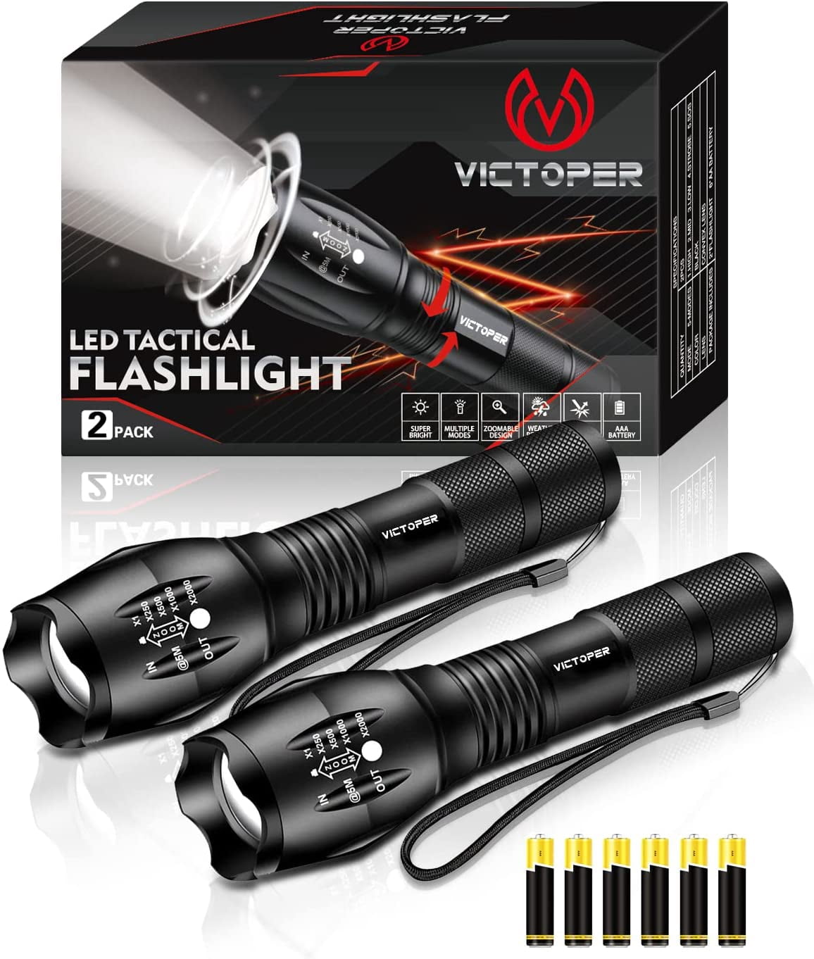 Pack Lampes de Poche LED, 2000 Lumens Lampes Tactiques Lumineuses avec 5 Modes, Lampe de Poche Étanche Zoomable, Lampe de Poche Portable pour Camping, Randonnée, Extérieur, Urgence à Domicile