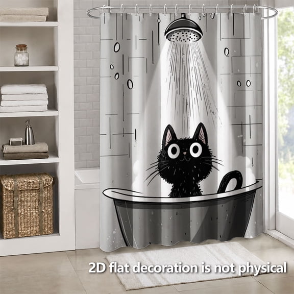 Hoease Black Cat Bathing Black White Sketch Shower Curtain, 71W x 71L Inch Waterproof Fabric Bathroom Curtain with 12 Hooks, Minimalist Cartoon Bath Decor