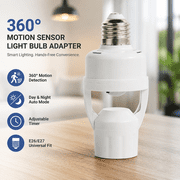 360° Motion Sensor Light Bulb Adapter, E26/E27 Universal Smart Light Socket with Adjustable Timer & Day/Night Auto Mode, Automatic Motion Activated Lamp Holder for Indoor LED Bulbs
