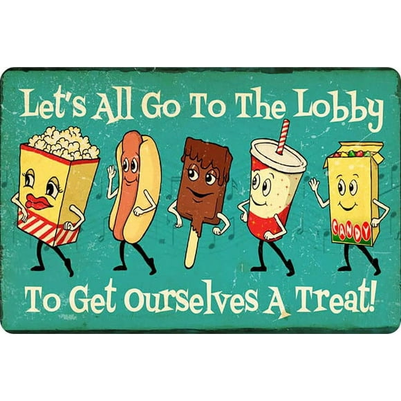 Cute Movie Theatre Gaming Room Snacks Sign - Let's All Go To The Lobby Vintage Wall Decor 12"" * 8"" (031)