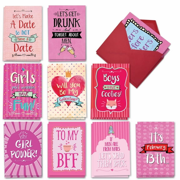 NobleWorks 20 Assorted Box Set Funny Galentine's Day Greeting Cards w/5 x 7 Inch Envelopes (10 Designs, 2 Each) Be My Galentine AC3355GAG-B2x10