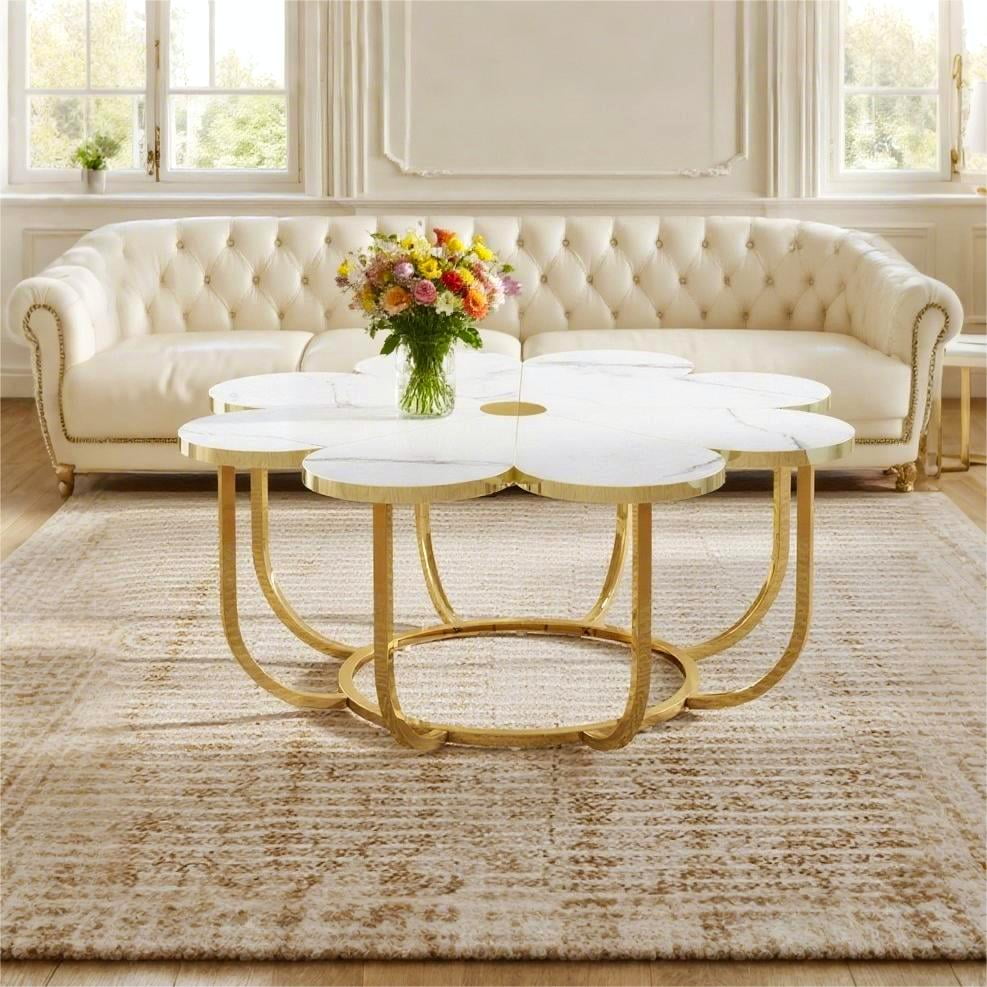 Fnova 39.37" Flower-Shaped Coffee Table, Modern Floral Accent Center Table with Faux Marble Tabletop & Metal Frame for Living Room, Bedroom & Lounge