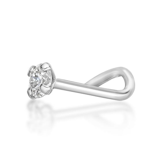 14K White Gold 2.4mm .05 cttw Diamond Nose Ring Curve Stud Twist Screw 22G