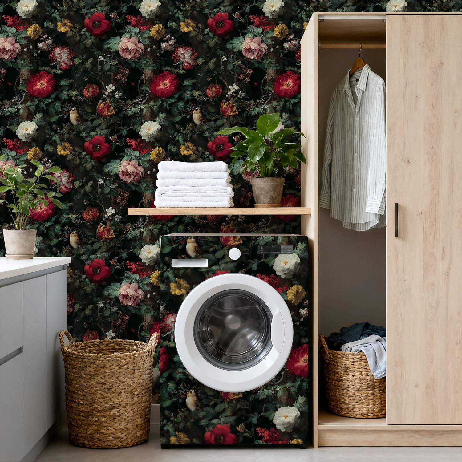 Peel and Stick Wallpaper Vintage Floral Vibrant Blossoms Birds Wall Mural 17.7in x 9.8ft Self Adhesive Removable Wall Paper Renter Friendly Wallpaper for Nursery Bedroom Cabinets
