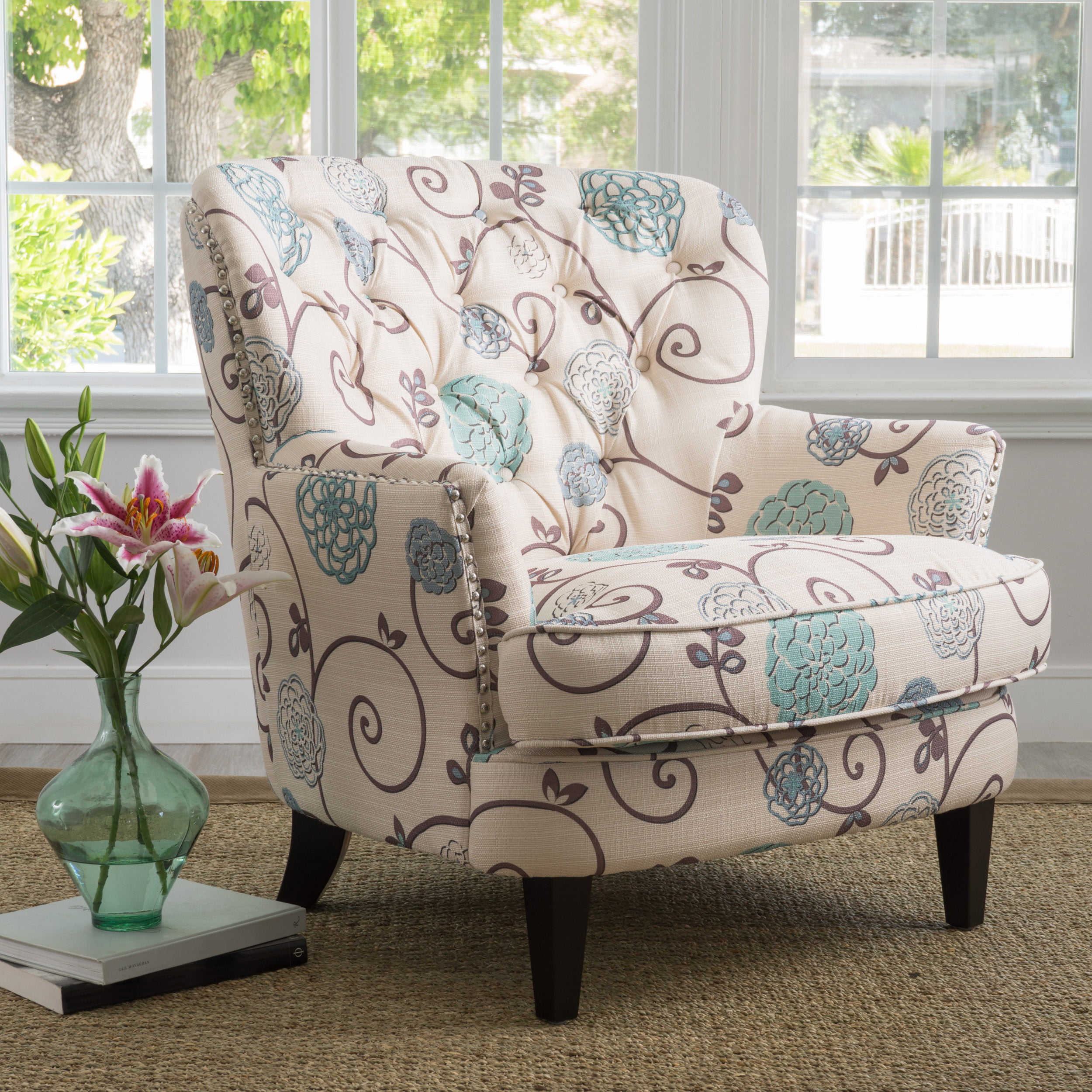 Noble House Tanner White and Blue Floral Fabric Club
