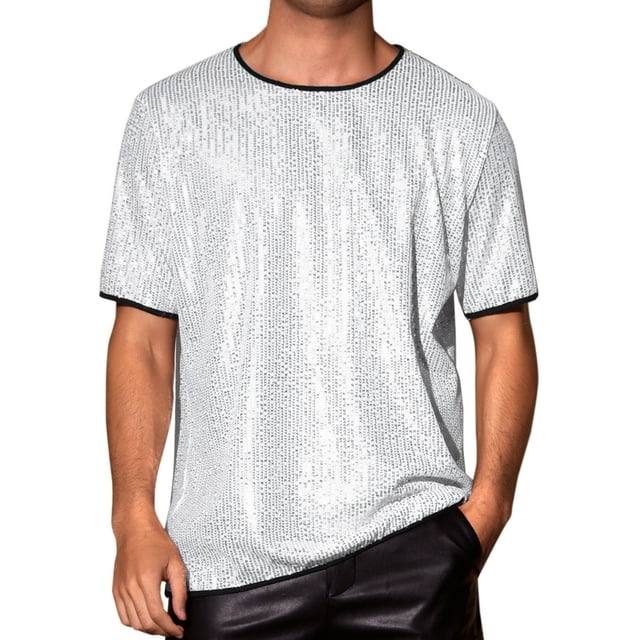 Camiseta metálica de manga corta INSPIRE CHIC para hombres, con lentejuelas brillantes para fiestas y clubes, color plateado L