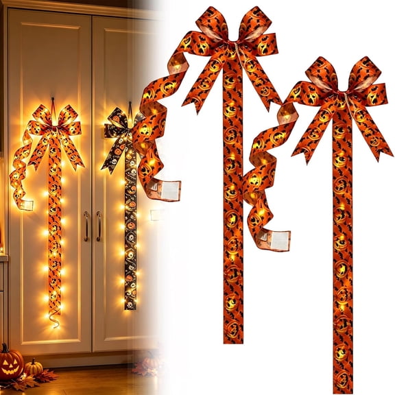 Halloween Decorative Bows with Pumpkins, Versatile 2-Pack for Door, Cabinet Knob, or Wall Hanging(M)