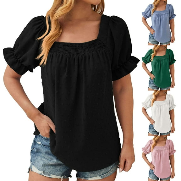 Xihbxyly Womens Blouse, Women Square Neck Short Sleeve Blouse Casual T-Shirt Top Blouse Comfortable Casual Tops Pullover Blouse T-Shirt