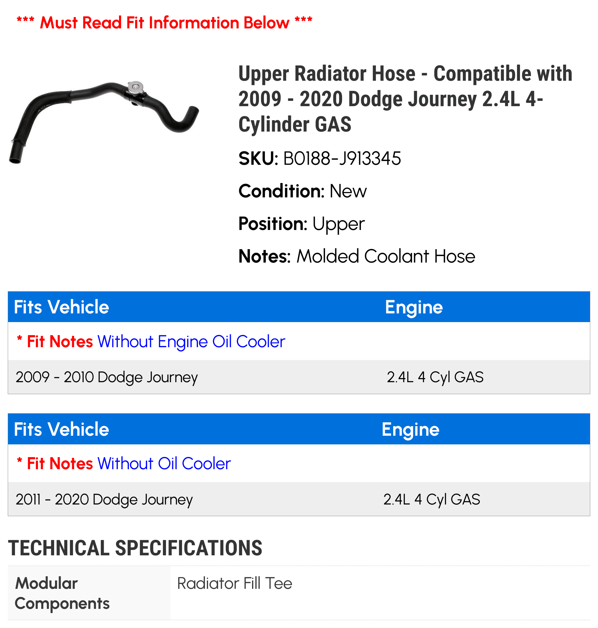 Upper Radiator Hose - Compatible with 2009 - 2020 Dodge Journey 2.4L 4-Cylinder GAS - Gates