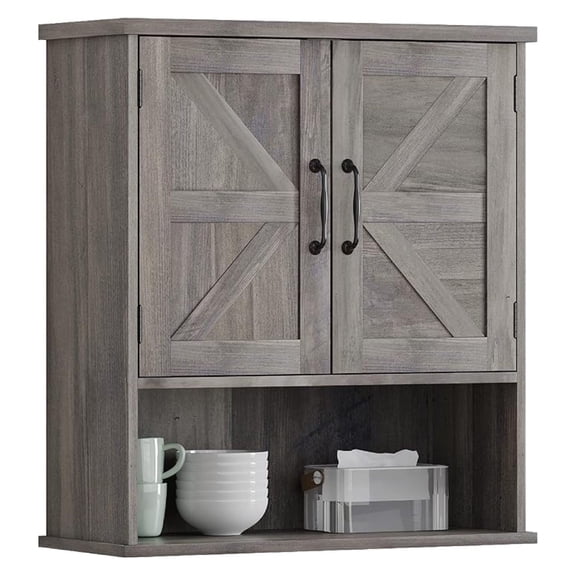 Farmhouse Bathroom Cabinet Wall Mounted, Washed Grey Small Medicine Cabinet with Adjustable Shelf, Bathroom Cabinet for Living Room, Laundry Room
