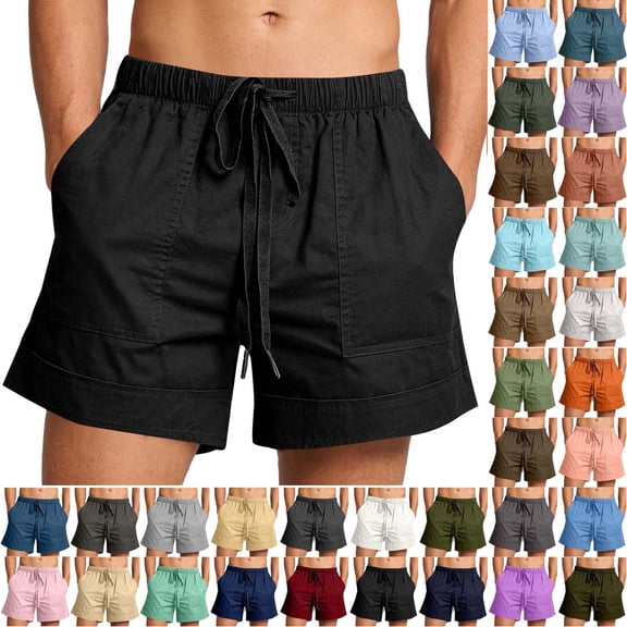 Mens Shorts Under $10 Cotton Linen Casual Shorts Color Solid Mens Shorts with Pockets Pull Rope Mens Shorts Elastic Waist Beach Shorts for Men Black ,S