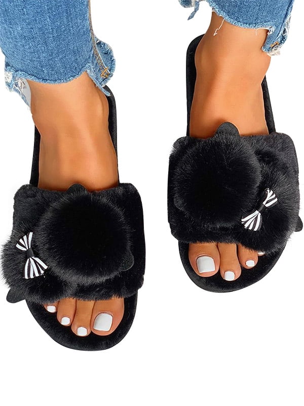 Women Fluffy Fur Sliders Slippers Ladies Slip On Flat Sandals Mules Casual Shoes