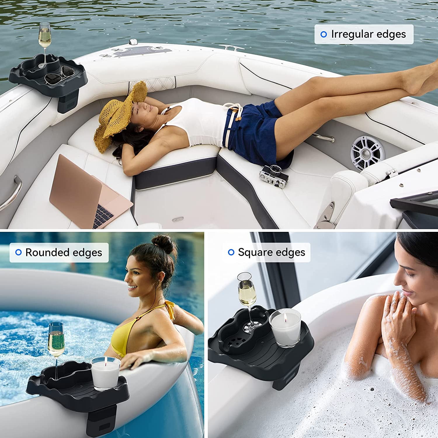 SkyAuks Foldable Hot Tub Side Table with 2 Cup Holders, Black