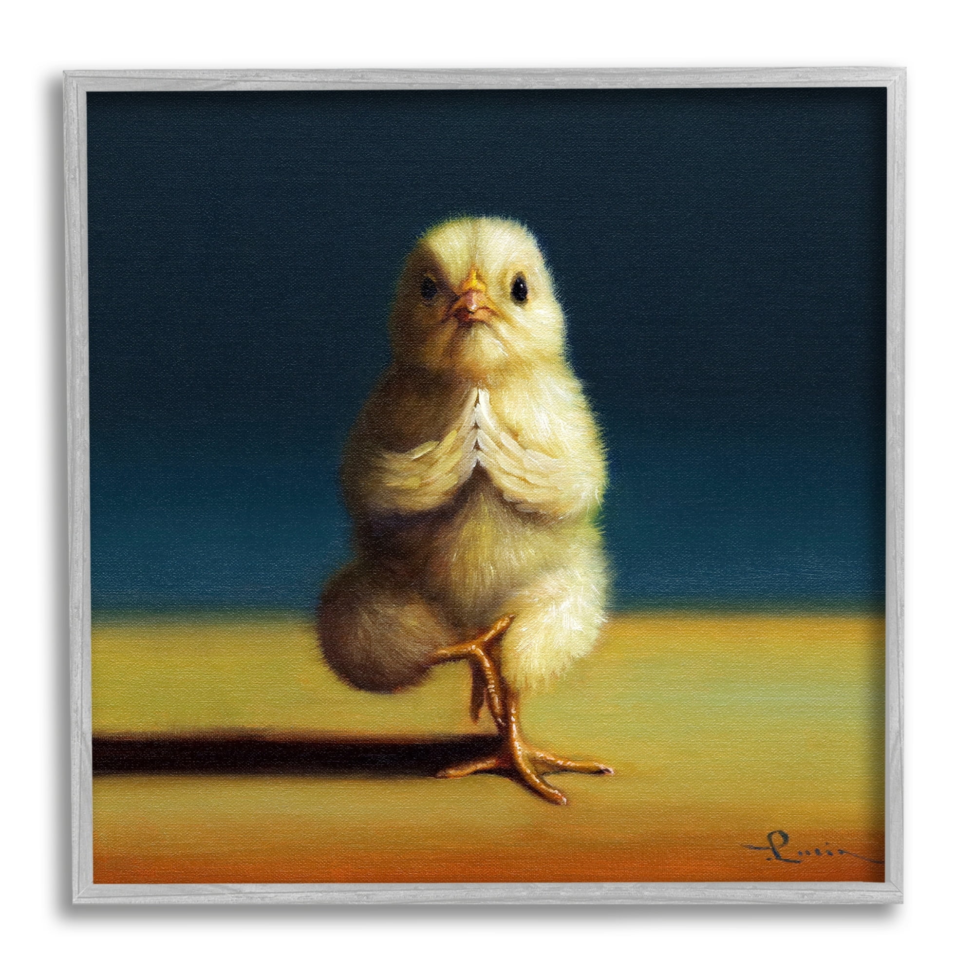 Stupell Industries Yellow Chick Meditating Yoga Pose Animal Fitness Painting Gray Framed Art Print Wall Art, Design by Lucia Heffernan