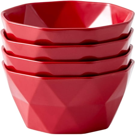 Bruntmor Geometric Matte 30 Oz Oven Safe Cereal Bowls Porcelain Large Serving Bowls for Soup Cereal Salads Pasta Set of 4 serving Bowls Red