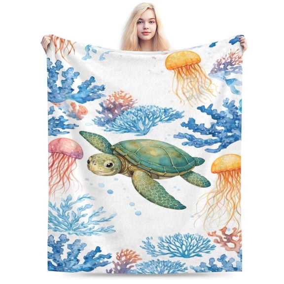 Sea Turtle Coral Blanket Coastal Beach Decor Summer Christmas Holiday Gift Soft Cozy Fleece Throw Blanket 50x40