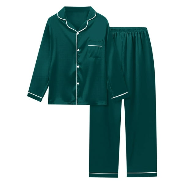 Conjunto de pijama de satén de manga larga para mujer: color liso, cintura elástica, comodidad de lujo para descansar y dormir