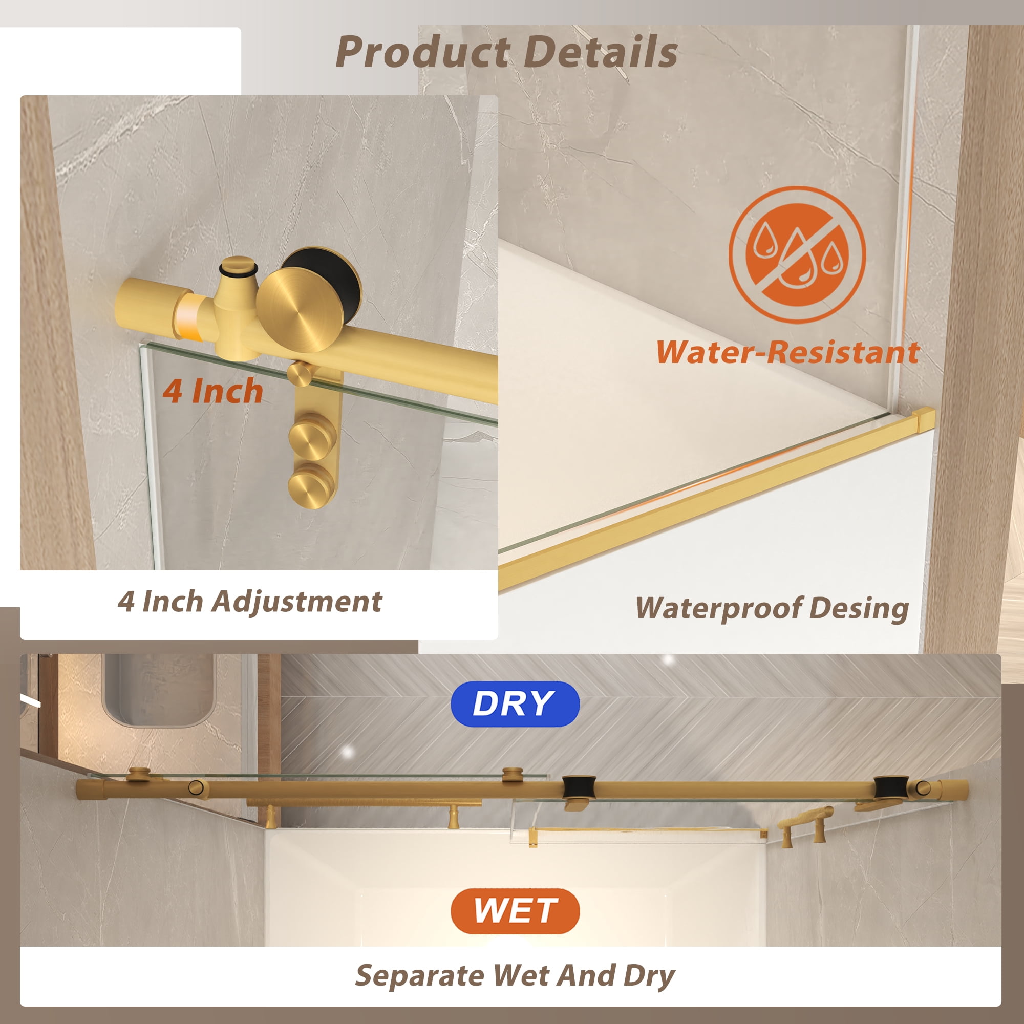 Leumius 56-60" x 66" H Frameless Sliding Shower Door, 5/16" Clear Tempered Glass,Stainless Steel Frame for Bathroom,Brushed Gold