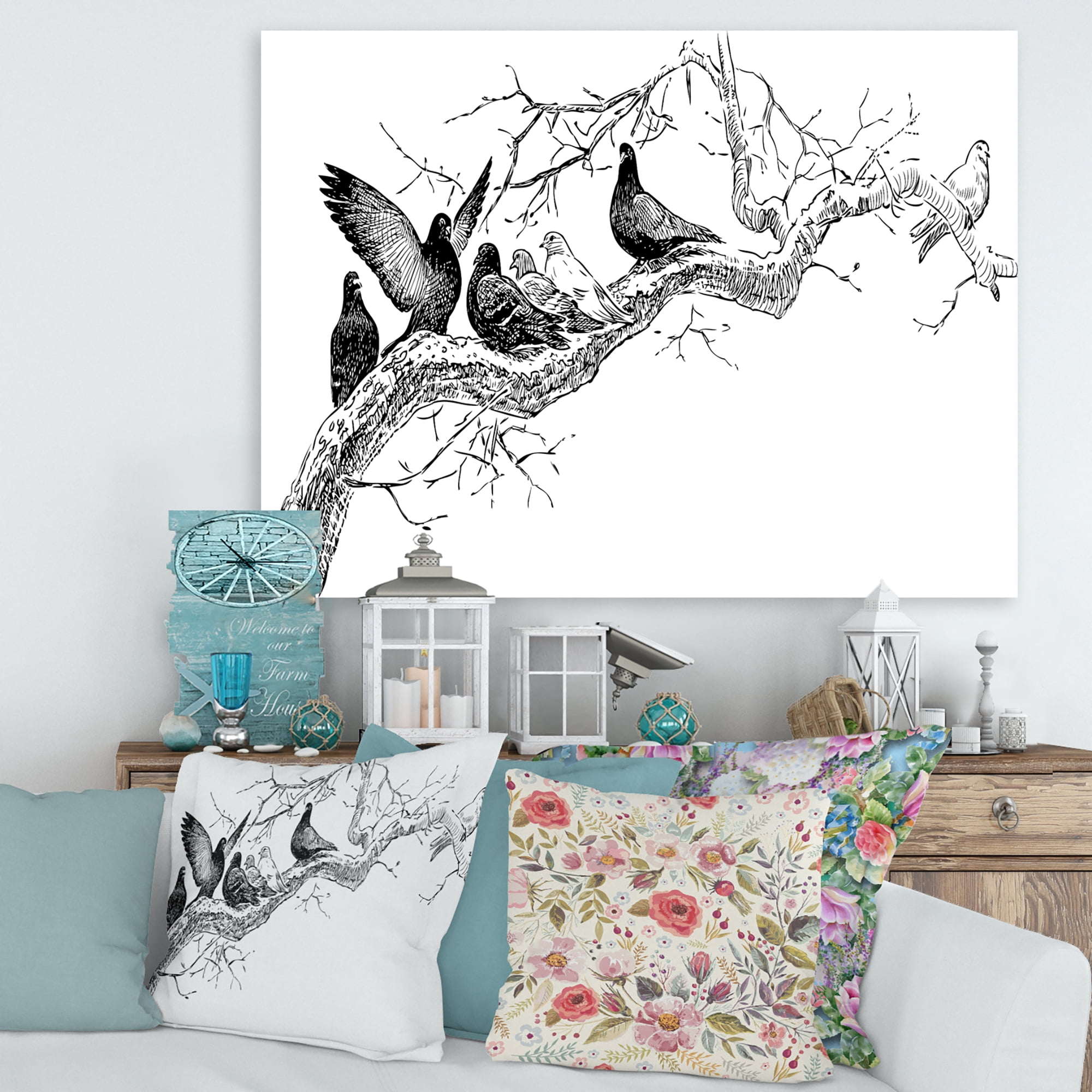 Designart ' Pigeons Sitting On The Tree Branch ' Traditional Canvas Wall Art Print