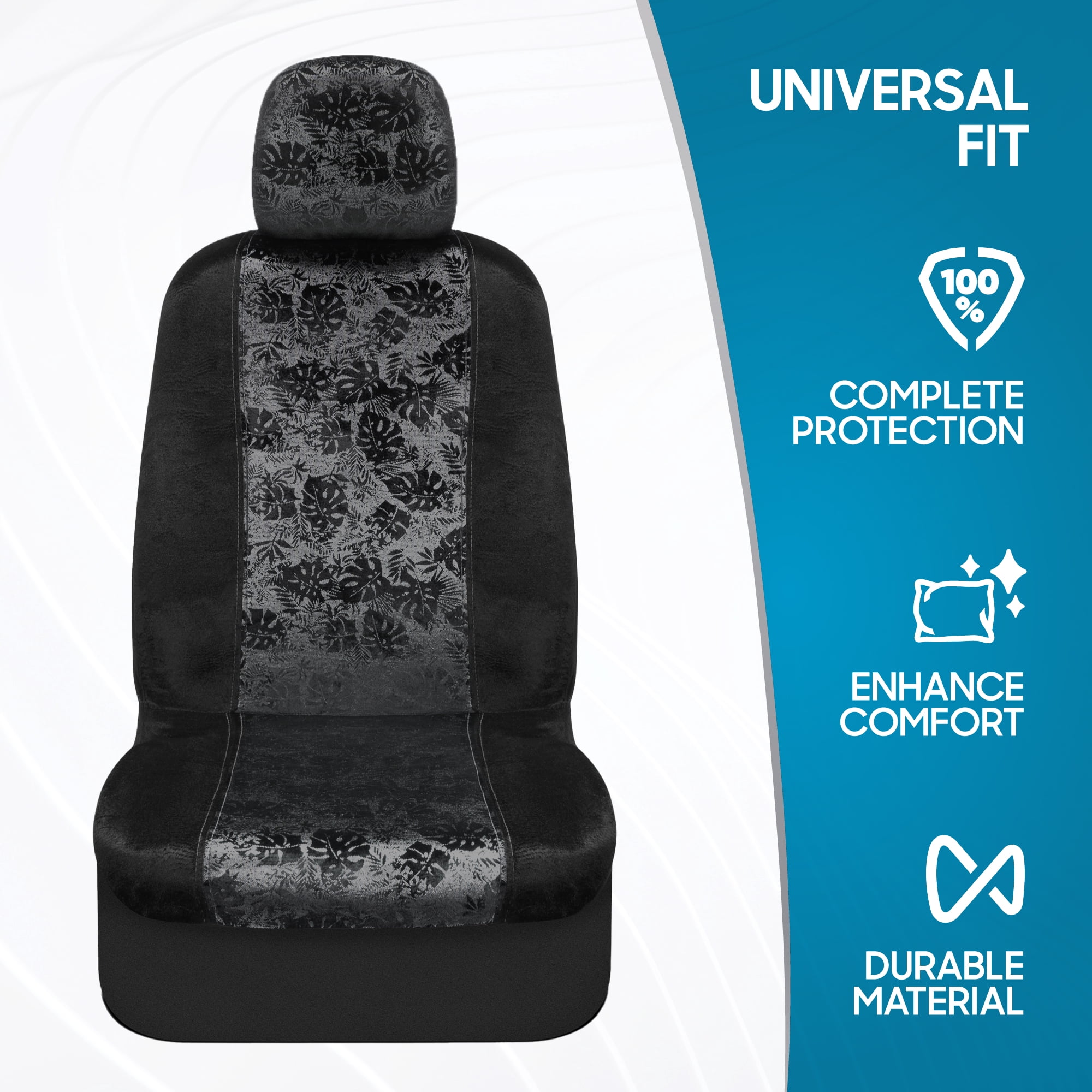 BDK Black Maui Car Seat Covers for Front Seats, 2 Pack – Tropical Pattern with Matching Headrest, Sideless Design for Easy Installation, Fits Most Car Truck Van and SUV