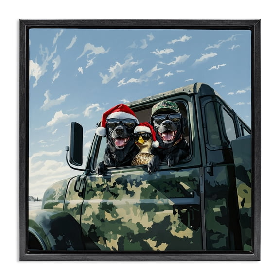 Stupell Industries Santa Dogs & Duck Black Framed Floater Canvas Wall Art design by Jim Baldwin, 18 x 18