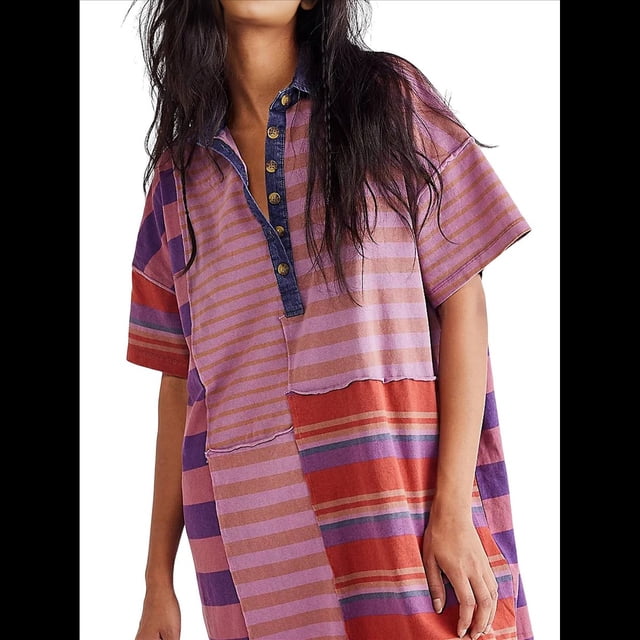 Vestido Minivestido de Verano Y2k con Rayas en Contraste para Mujer, Estilo Babydoll, con Retazos, Cuello en V, Corta, Estilo Vintage Rosa y XL