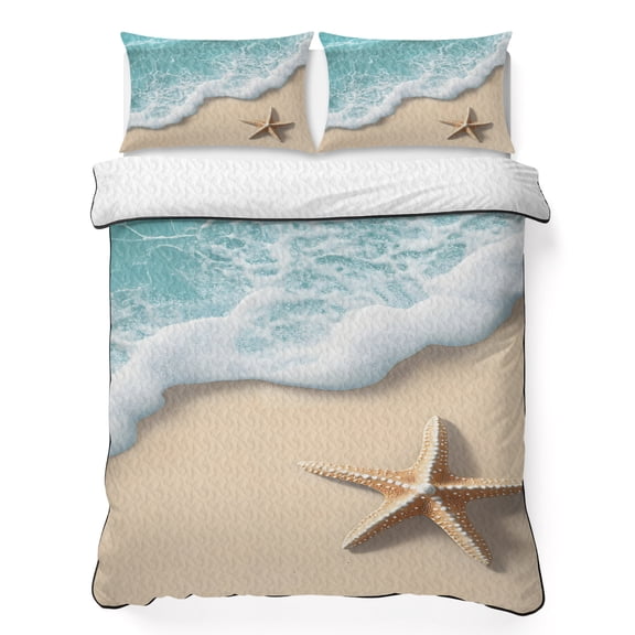Queen Quilt Bedding Set, Summer Beach Ocean Starfish Soft Microfiber Summer Bedspread Coverlet with 2 Pillow Shams for All Season, Teal Water Wave Sand Breathable Bedding Set for Hot Sleepers