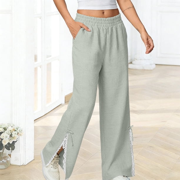 Women's Lace Trim Linen Wide Leg Pants Solid Color No Drawstring