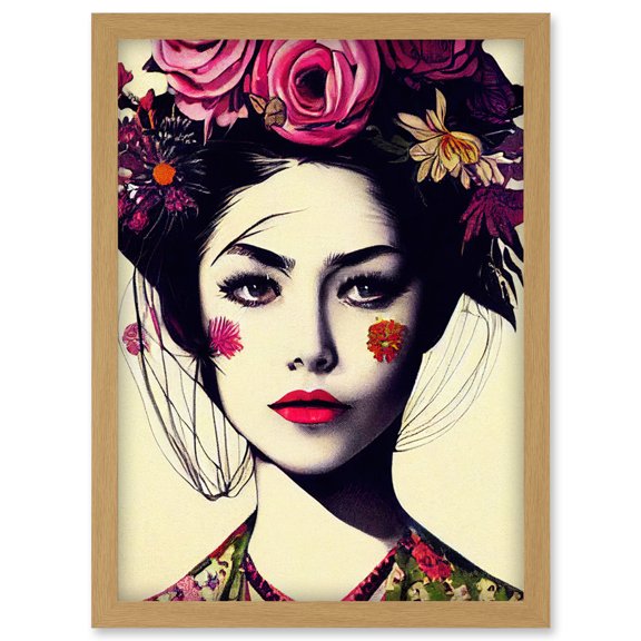 Boho Woman With Flowers Headdress Modern Artwork Framed Wall Art Print A4