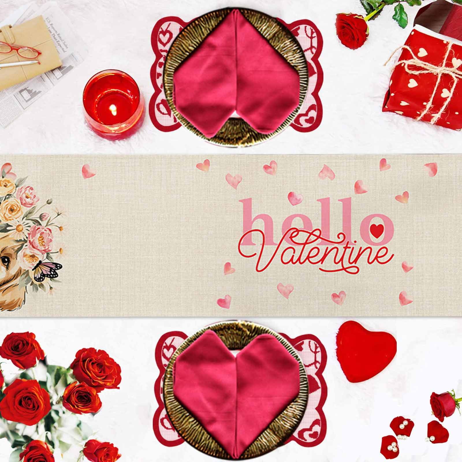 Valentine's Day Dog Table Runner, Rose Golden Retriever Red Love Heart Linen Texture Washable Cotton-linen Table Runners Dining Kitchen Decoration for Everyday Home Wedding Party Decor, 13 x 90 Inch