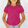 thumbnail image 2 of xaweyi Kids Girls Puff Sleeve Shirts Ruffled Hem Crewneck Tees Tops Toddler Summer Plain Soft Breathable Basic Shirt,Sizes 9-10 Years, 2 of 7